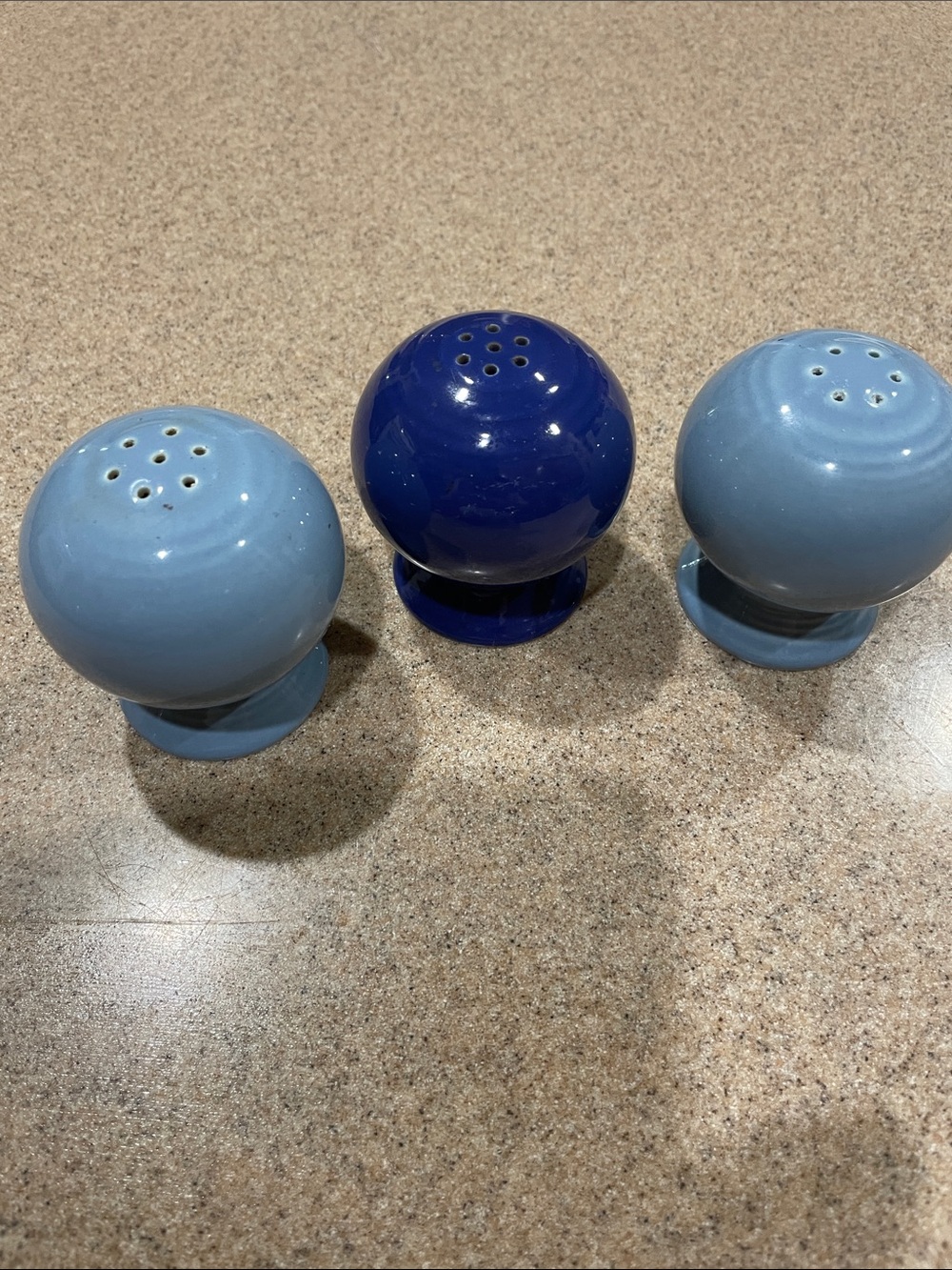 3 Fiesta Salt & Pepper Shakers.  2 Light Blue and One Cobalt.